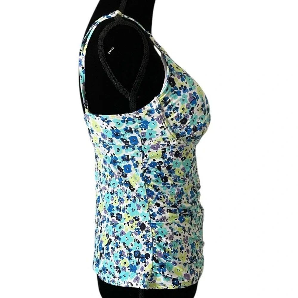 ANNE COLE Women Blue Green Floral Underwire Tankini Top large swim bathing suit